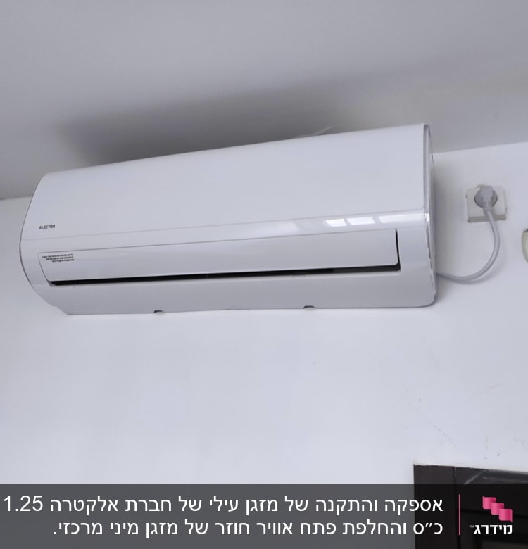 מזגן קיר לבן מותקן על קיר עם שקע חשמל